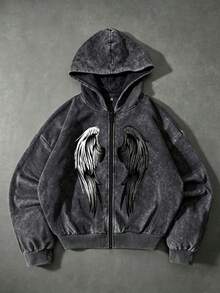 [Simple]Men's Retro Distressed Texture Washed Zip-Up Hooded Sweatshirt, Machine Washable Fabric, Printed Sweatshirt, Autumn/Winter Apparel - Black - View 2