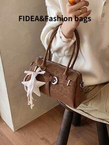Tas Bahu Wanita, Warna Polos PU dengan Desain Elemen Motif Leopard, Dekorasi Tali Logam, Elegan dan Serbaguna, Dilengkapi dengan Gantungan Bintang yang Dipersonalisasi, Cocok untuk Bepergian, Berbelanja, Kencan, Pemberian Hadiah, dan Lainnya - Coklat - View 5