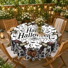 1pc,Vintage Halloween Tablecloth, Black White Pumpkin Bat Cat Print Polyester Table Cover, Elegant Halloween Dining Table Decor For Kitchen, Party, Family Gathering And Holiday Home Decoration - C - View 14