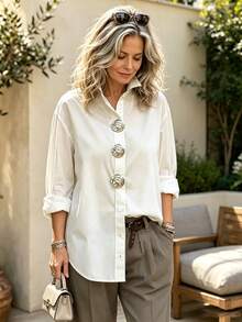 Women's Solid Color Button-Down Shirt, Elegant Fashion Casual Long Sleeve Lapel Collar Regular Top, White, Suitable For Spring And Autumn Daily Wear - White - View 1