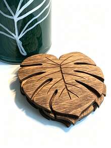 1/2/4pcs Natural Wooden Monstera Leaf Coaster Set, Heat Resistant Non-Slip Coffee & Beverage Cup Mat, Coffee Bar Tabletop Decor Protective Pad, Ideal Gift For Christmas And Thanksgiving - Multicolor - View 4