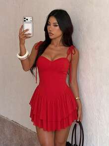 Autumn Solid Color Spaghetti Strap Mini Dress Elegant Dress Party Date - Red - View 3