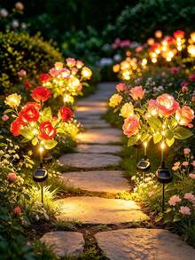 1pc 5-Head Solar Rose Lights, Outdoor Garden Decoration, Ground Stake Lawn Lights, LED Artificial Flower Lights, Solar Decorative Lights, Suitable For Yard, Patio, Landscape, Pathway, Lawn, Sidewalk (Pink, White, Blue, Yellow, Red, Purple) Holiday Party Decoration Lights - X7-5-head Rose - View 4