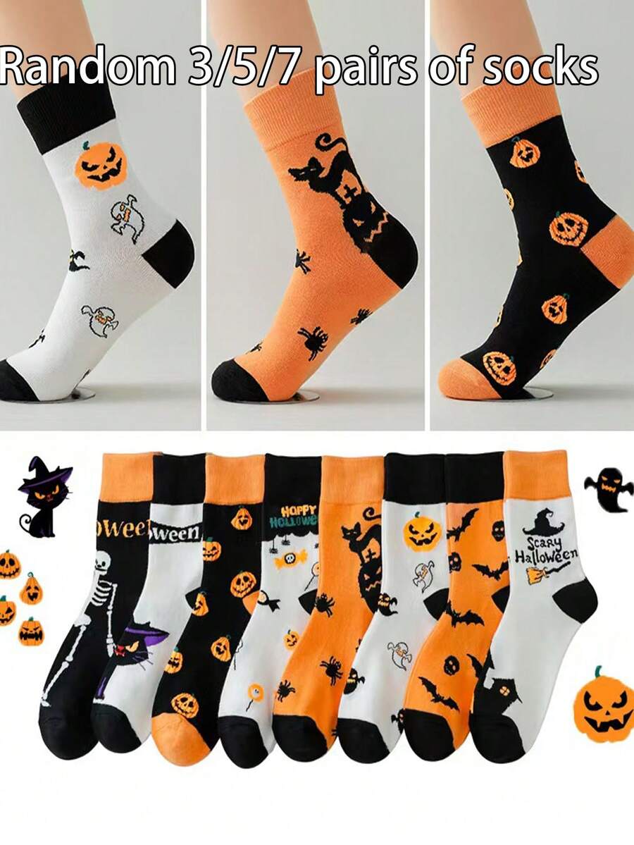 Random 3/5/7 Pairs New Halloween Cartoon Print Mid-Calf Socks, Ghost Skeleton Spider Pattern, Holiday Party Atmosphere Casual Socks - Multicolor - View 1