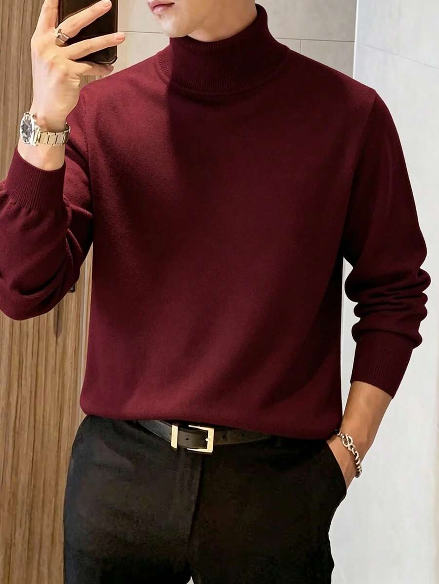 男士秋冬休閒純色高領毛衣 - 酒紅色 - 查看 1