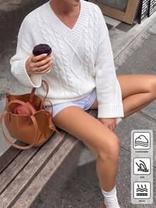 Women's White Cable Knit Diamond Pattern V-Neck Drop Shoulder Loose Sweater, College Vintage Knit Top, Suitable For Campus, Dating, Holiday, Party - White - View 5