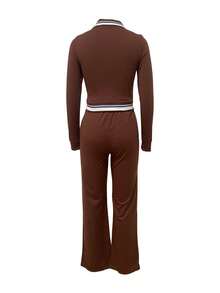 Autumn/Winter Fashion Polo Collar Zip-Up Patchwork Ribbed Top & Elastic Straight Leg Casual Pants 2 Pieces Set - Coffee Brown - View 3