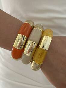 3pcs/1pc Vintage Elegant Casual Bohemian Style Women's CCB Plain Round Bangle And Multicolor Acrylic Elastic Bracelet For Daily Wear, Party, Spring/Summer Beach Vacation And Travel - Colorful - View 4
