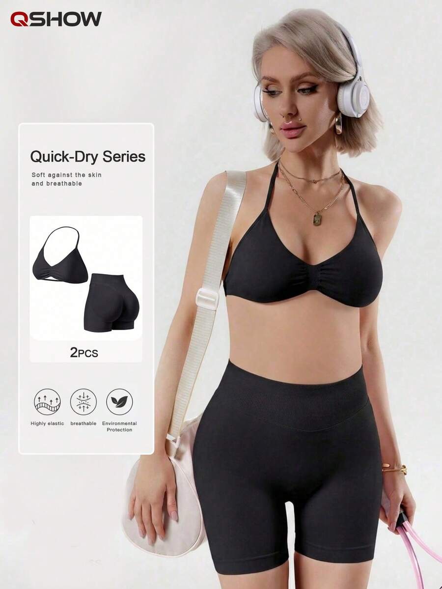 Women's 2 Pieces Set Pink Top And High-Waisted Shorts For Sports Yoga Pilates Gym Running Workout Outfit Black - Black - View 1