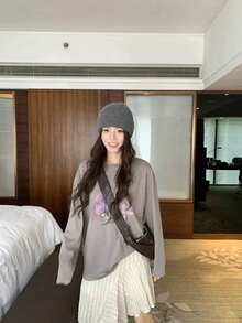 Women's New Autumn Loose Drop Shoulder Casual American Vintage Top - Grey - View 12