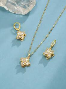 1pc Fashion Cubic Zirconia Rotating Clover Stainless Steel Women's Necklace, 1 Pair Fashion Cubic Zirconia Rotating Clover Stainless Steel Women's Earrings, Gold Necklace, Gold Earrings, Stainless Steel Jewelry, Gold Jewelry, Summer, Beach, Vacation Jewelry, Bohemian, Charm, Pride, Western Jewelry, Gift For Women, Gift, Birthday Gift - Yellow Gold - View 2