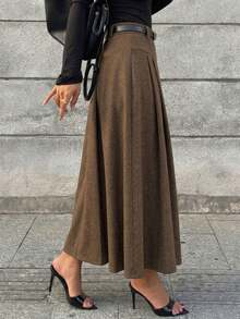 Grey High-Waisted Pleated Suit Skirt For Women, Slimming A-Line Mid-Length Skirt, Professional Office Style, Suitable For Daily Casual And Commute Wear - Coffee Brown - View 4