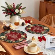 2/4/6/8/16pcs Burgundy Floral Round Placemats, Red Snowflake Pine Branch Christmas Table Mats, Suitable For Christmas Party Kitchen Dining Room Home Decor - Multicolor - View 3