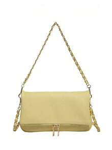 Solid Color PU Shoulder Bag, Dual Gold Zipper Rectangular Mini Crossbody Bag With Detachable Metal Chain Strap, Suitable For Date And Daily Wear - Yellow - View 3
