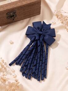 2pcs Navy Blue Large Bow Hair Clips, Long Spiral Tassel Satin Ribbon Hair Clips, Exquisite Hair Accessories For Girls' Daily Wear, Suitable For Back To School Season - Multicolor - View 5