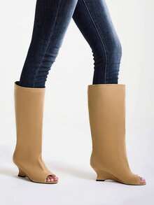 2025 New Kitten Heel Ruched Tall Stacked Boots Pointed Toe Over-The-Knee High Shaft Boots Vintage Wide Barrel Rider Boots - Khaki - View 7