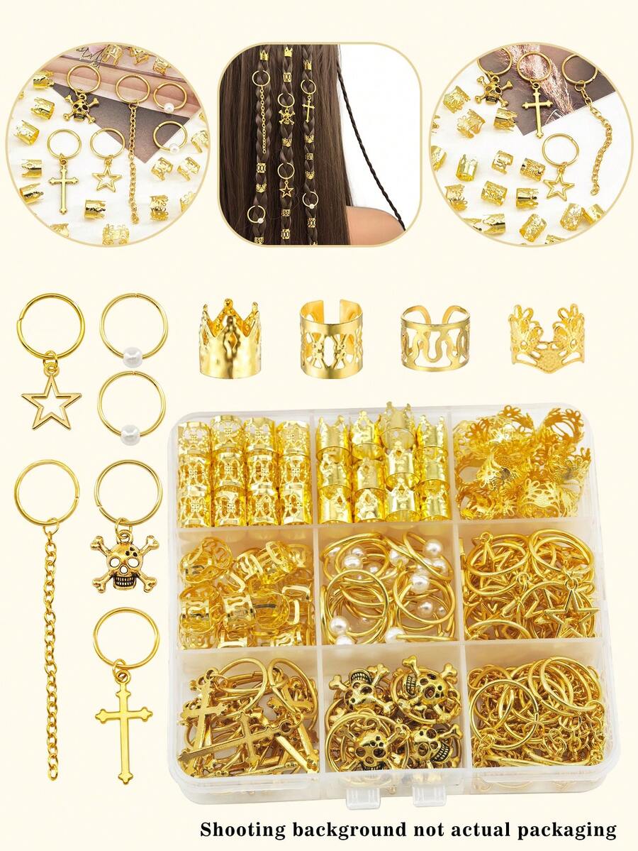 66pcs Cross&Skull Star Chain Decor Hair Ring,Dreadlocks Beads Clips Hair Accessories For Braids For Halloween Party(Without Box) - Gold - View 1