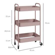 Carrito de servicio de acero con espacio de almacenamiento, con ruedas, 3 estantes perforados, 45 x 30,6 x 79 cm, rosa. - Multicolor - Ver 5