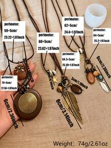 3pcs/Set Bohemian Vintage Geometric Feather Leaf Pendant Necklace, Suitable For Daily Wear, Party And Gift - Multicolor - View 3