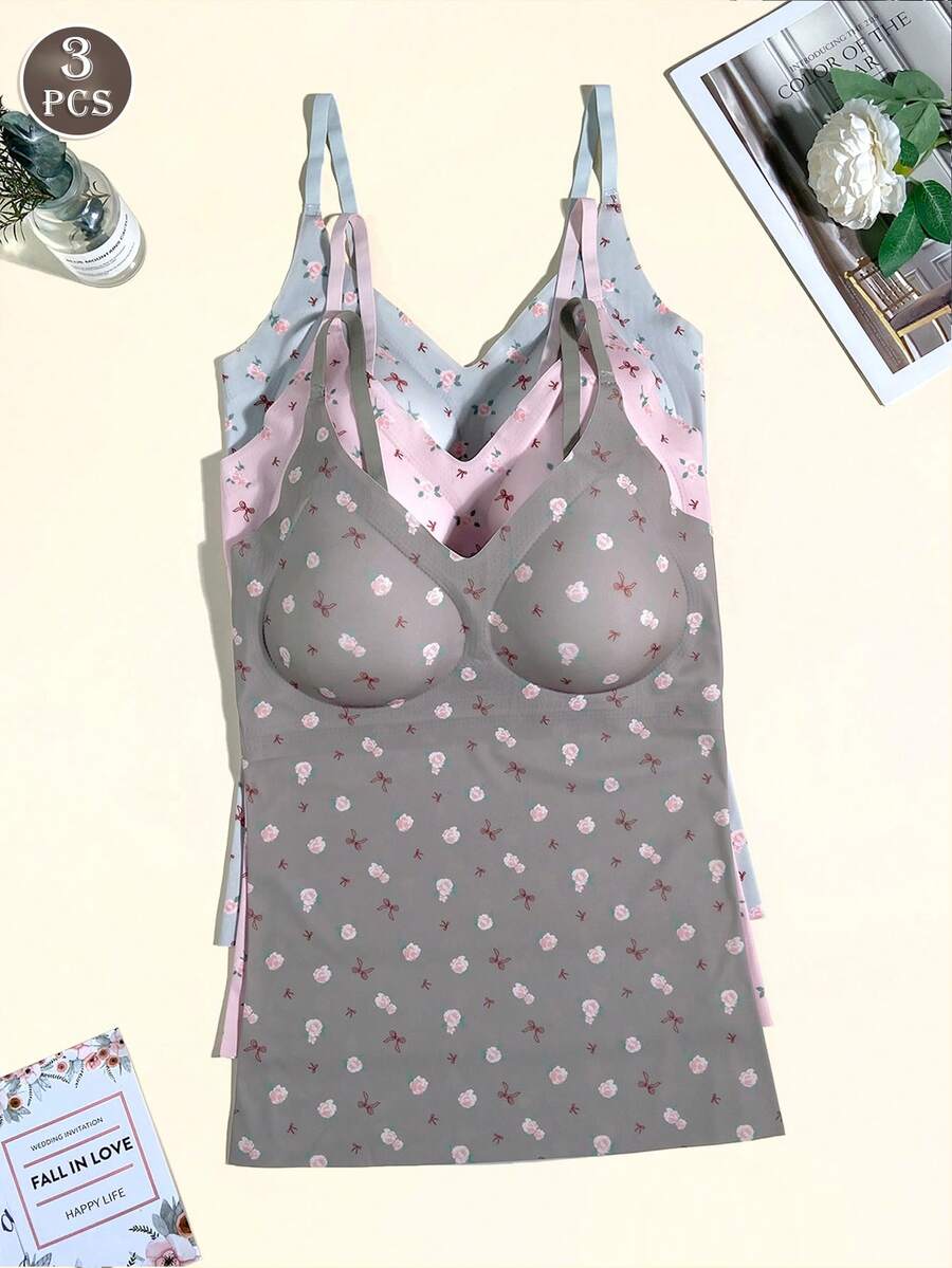 3pcs/Pack Seamless Ditsy Floral Camisole Tank Tops For Women, Elastic Comfortable With Padded Cups, Innerwear & Outerwear - Multicolor - View 1