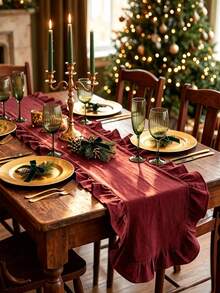 1PC Christmas Solid Color Ruffle Table Runner, Washable And Reusable, Suitable For Living Room, Dining Room, Party, Gathering, Home Daily Decoration, Wedding, Holiday Table Runner - Multicolor - View 2