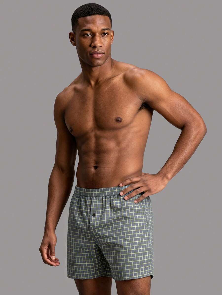 1piece Of Men Underwear, Soft And Comfortable Checkered Pattern Design Loose Corner Shorts, With Button Placket, Suitable For Daily Wear And Vacation - Multicolor - View 1