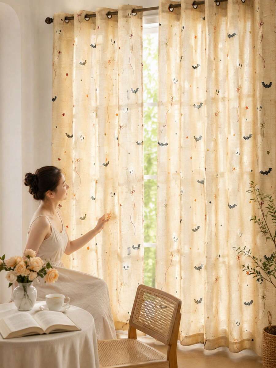NOSBEI 2PCS Grommet Panels + 3PCS Rod Pocket Kitchen Set, Cute Halloween Ghost And Bat Faux Linen Curtains, Light Filtering, Playful Spooky Fall Window Decor - Multicolor - View 1