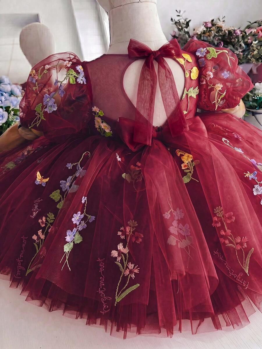 女嬰刺繡花瓣袖鏤空背網紗公主裙,適合女孩生日派對、花童婚禮、重要場合、節日慶祝禮服 - 酒紅色 - 查看 1