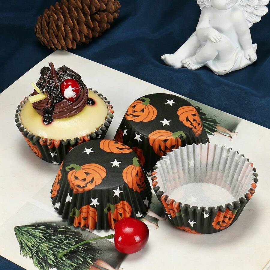 100pcs Halloween Cupcake Liners, Star Pumpkin Web Pattern, Standard Cupcake Paper, Suitable For Halloween Party, Used For Making Cakes And Dessert Decoration - Multicolor - View 1