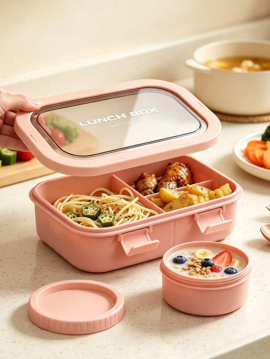 1pc Premium Lunch Box - Pink - With Utensils, Sauce Box, Japanese Bento Box, Outdoor Lunch Box, Student Lunch Box, Large Capacity Salad Box, Chinese Lunch Box, Divided Food Storage Container, Lunch Box With Spoon And Fork, Microwave Food Storage Box, With Soup Cup, Leak-Proof Snack Box - Multicolor - View 1