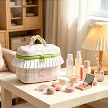 Girly Sweet Frill Trim Plaid Makeup Box Fresh INS Style Skincare & Cosmetics Storage Bag Large Capacity Toiletry Bag With Handle - Multicolor - View 6