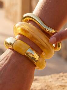 3pcs Vintage Elegant Casual Bohemian Style Women's CCB Plain Round Bangle And Yellow Acrylic Elastic Bracelet For Daily Casual, Party, Spring/Summer Beach Vacation And Travel Wear - Yellow - View 8