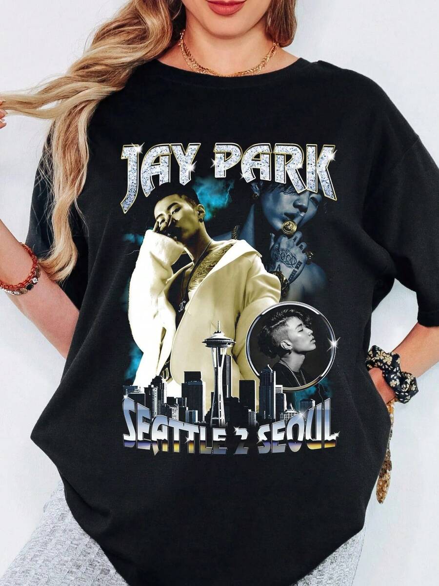 Jay Park Seattle 2 Seoul Graphic T Shirt Retro Rapper City View Tee - 黑色 - 查看 1