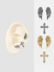MortiRose 3pcs Delicate Fashionable Versatile Personalized Niche Rhinestone Cross Wing Earrings, Not Suitable For Daily Wear But Suitable For Festivals ,Party - Cross Wings - View 1