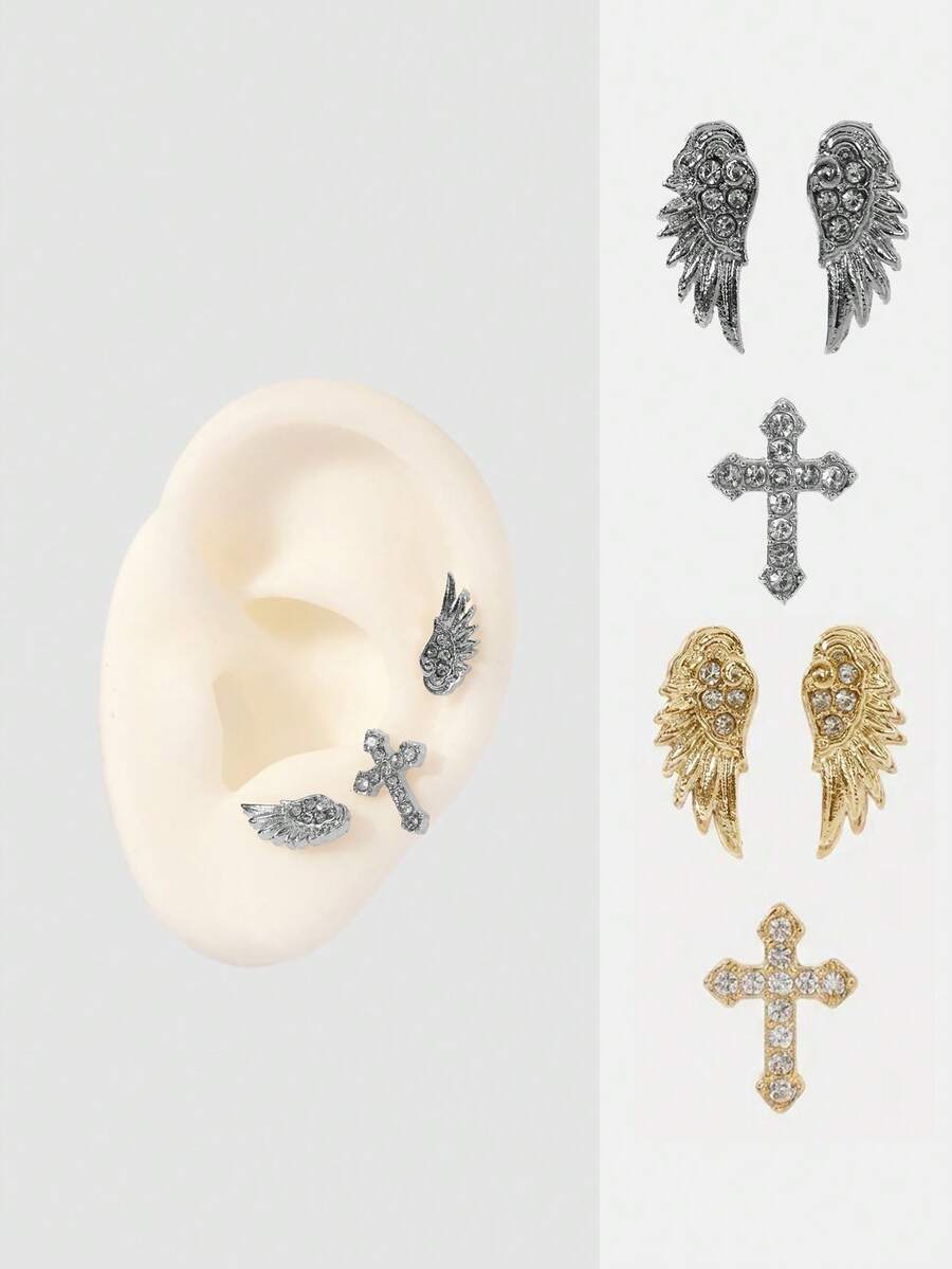 MortiRose 3pcs Delicate Fashionable Versatile Personalized Niche Rhinestone Cross Wing Earrings, Not Suitable For Daily Wear But Suitable For Festivals ,Party - Cross Wings - View 1