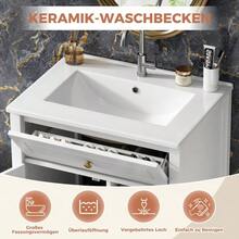 61 Cm Freestanding Vanity Unit In White With Ceramic Basin, Gold Handles, Flip-Out Drawer, Drawers, Side Shelf And Storage Under The Sink, Without Tap - 白色 - 查看 7