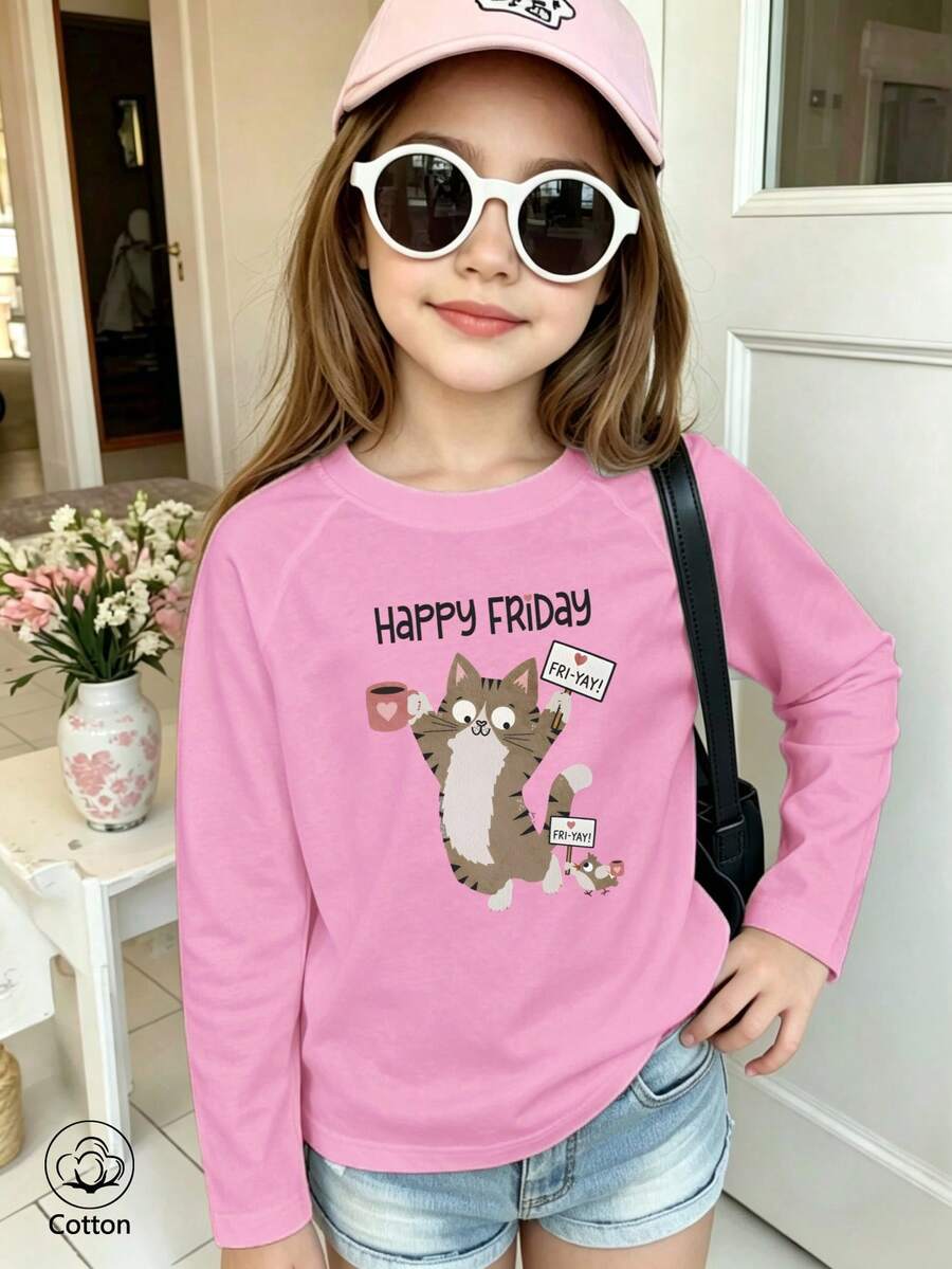 Girls Cotton Twill Long-Sleeved T-Shirt, Autumn/Winter Style, Featuring A Cartoon Cat Print, In A Cute And Sweet Preppy Style - Light Wine Red - View 1