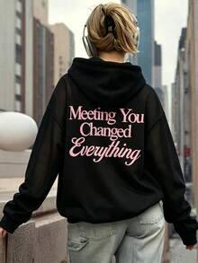 Letter Print Hooded Sweatshirt Casual Long Sleeve Drawstring Pullover Streetwear Daily Sweatshirt Y2K Outfit Casual Style Outfit - Black - View 8
