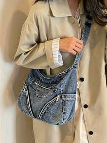Washed Distressed Denim Crossbody Bag For Women, Multi-Zipper Pockets Large Capacity Vintage Hobo Utility Style Bag, Can Fit Tablet, Umbrella, Cosmetics And Other Daily Essentials. - Baby Blue - View 11
