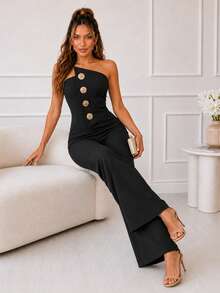 ChicMe Women's Solid Color Casual Daily Strapless Jumpsuit - Black - View 4