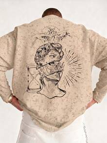 Men's Vintage Tie-Dye Distressed Long Sleeve T-Shirt, Autumn/Winter Back Statue Art Print, Loose Drop Shoulder Base Layer Top - Brown - View 1