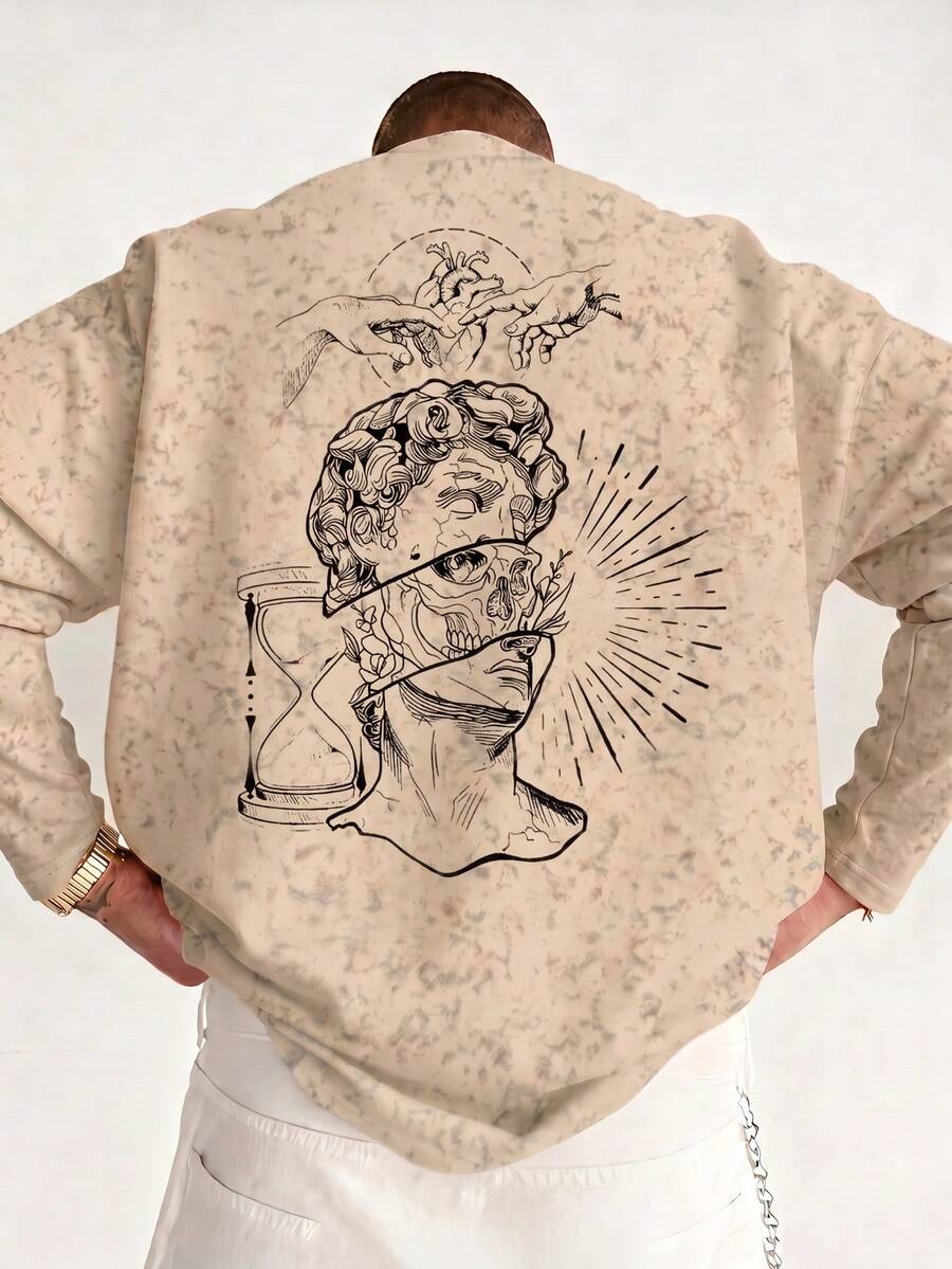 Men's Vintage Tie-Dye Distressed Long Sleeve T-Shirt, Autumn/Winter Back Statue Art Print, Loose Drop Shoulder Base Layer Top - Brown - View 1