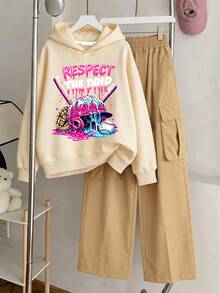 Girls' Creative Baseball Cap Print, Apricot Hooded Sweatshirt & Khaki Cargo Pants 2 Pieces Set, Minimalist Design, Suitable For Spring, Autumn And Winter Wear, Comfortable And Relaxed - Apricot - View 3