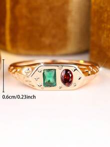 Vintage Two-Tone Stamp Ring, Inlaid With Rectangular Emerald And Oval-Cut Garnet, Star Pattern Cocktail Exaggerated Style Ring - Ring - View 4