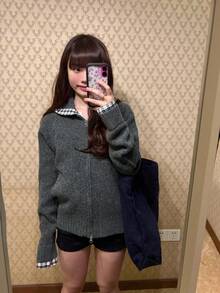 Women's Gray Double Zipper Cardigan Patchwork Plaid Hooded Sweater Jacket, Loose Lazy Design Top For Spring And Autumn - Grey - View 3