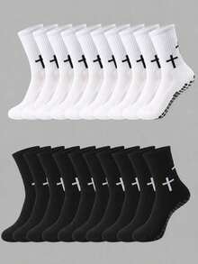1/5/10 Pairs Cross Print Non-Slip Bottom Mid-Calf Sports Socks, Unisex Autumn Professional Socks With Silicone Anti-Slip Wear-Resistant Breathable Street Style Training Casual Long Socks - Men's Socks, Gift For Men, White Socks, Women's Socks, Black Socks, Long Socks, Halloween, Super Great Socks, Christmas, Christmas Gift, Winter - Multicolor - View 10