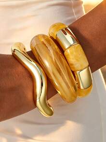 3pcs Vintage Elegant Casual Bohemian Style Women's CCB Plain Round Bangle And Yellow Acrylic Elastic Bracelet For Daily Casual, Party, Spring/Summer Beach Vacation And Travel Wear - Yellow - View 7