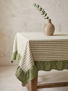 1pc Beige With Green Fine Stripes And Olive Green Ruffle Edge Tablecloth, Fresh Natural Style Fabric, Rectangular Olive Green Ruffle Edge Patchwork Detail Decorative Functional Dining Tablecloth Suitable For Daily Home Dining And Fresh Home Decor Scenes - Green - View 5