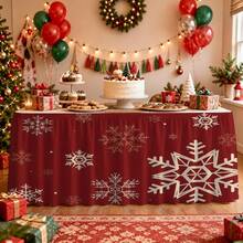 Burgundy Christmas Snowflake Table Skirt, Nordic Style White Geometric Snowflake Print Polyester Tablecloth, Suitable For Holiday Dinner, Winter Party, Family Gathering, Dessert Table And Rustic Home Decor - A - View 7