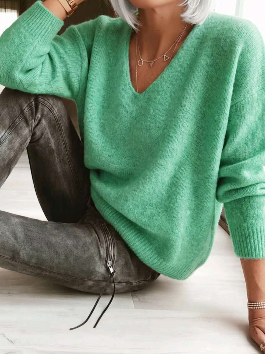 Green V Neck Drop Shoulder Long Sleeve Soft Knit Pullover Women Elegant French Casual Daily Commute Halloween Christmas New Year Fall Winter Vacation - Green - View 1